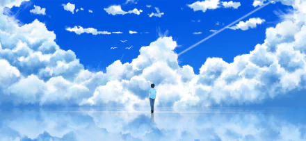 A serene anime scene with a figure standing on reflective water, surrounded by fluffy clouds and a vibrant blue sky. This HD desktop wallpaper and background creates a peaceful and dreamy atmosphere.