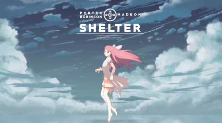 HD anime desktop wallpaper featuring Rin from Shelter, set against a dramatic cloudy sky with the Shelter logo and Porter Robinson & Madeon text.