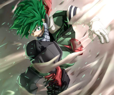An HD desktop wallpaper featuring Izuku Midoriya from My Hero Academia, showcasing his intense expression with green hair and eyes in an action pose.