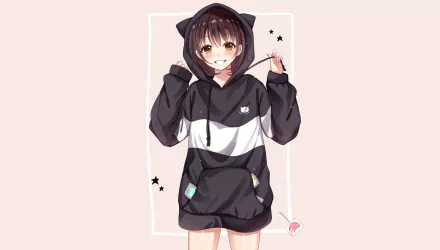 Anime-style girl in a black and white hoodie with cat ears, smiling and playfully holding the drawstring. A vibrant HD PC desktop wallpaper and background featuring original art.