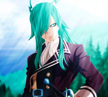 HD PC desktop wallpaper featuring Freed Justine from the anime Fairy Tail with teal hair and a serious expression against a softly blurred natural background.