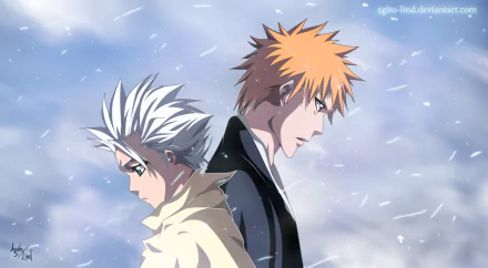 HD anime desktop wallpaper featuring Tōshirō Hitsugaya and Ichigo Kurosaki from Bleach standing back to back in a snowy, wintry scene.