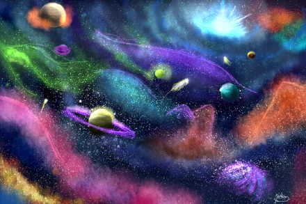 Vibrant Sci-Fi space scene showcasing colorful planets, swirling galaxies, and cosmic nebulae in a stunning HD universe wallpaper for PC desktops.