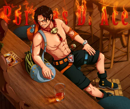 HD PC desktop wallpaper featuring Portgas D. Ace from the anime One Piece, showing him relaxed on a wooden floor with a confident expression.