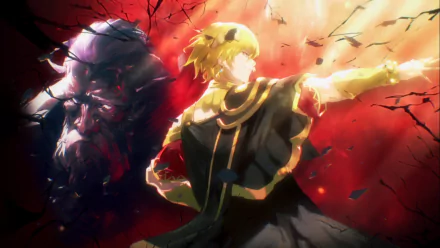 HD anime desktop wallpaper featuring Fluder Paradyne and Jircniv Rune Farlord El Nix from Overlord, with a dramatic red and black background.