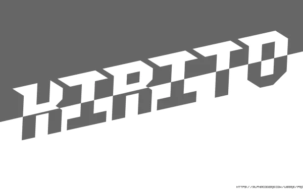 Minimalist 4K Ultra HD PC desktop wallpaper: bold white 'KIRITO' typographic logo with deep gray shadow on a split gray-and-white background, Sword Art Online anime style.