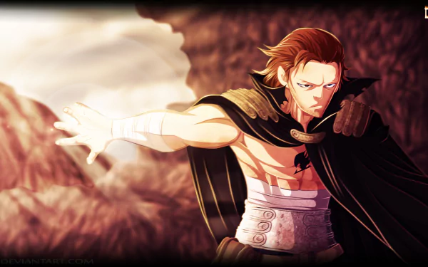 HD PC desktop wallpaper of Gildarts Clive from the anime Fairy Tail, striking a battle pose with his cape flowing against a dramatic rocky canyon background.
