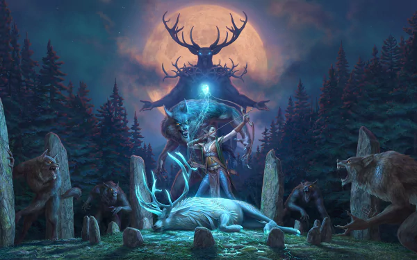 HD desktop wallpaper of The Elder Scrolls Online showing a mystical forest scene with a moonlit sky, a magical figure, a glowing deer, standing stones, and werewolves.