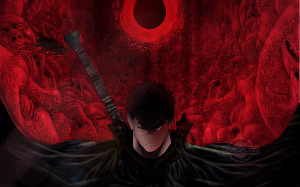 HD PC wallpaper featuring Guts from the anime Berserk (2016), set against a dark, intense red background with demonic imagery.