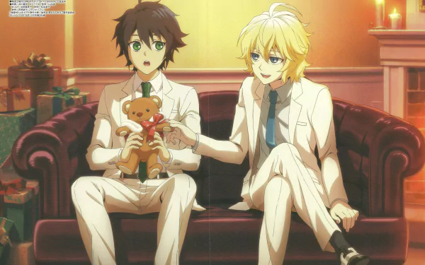 Mikaela Hyakuya and Yūichirō Hyakuya from Seraph of the End sit on a sofa holding a teddy bear in this 4K Ultra HD anime desktop wallpaper.