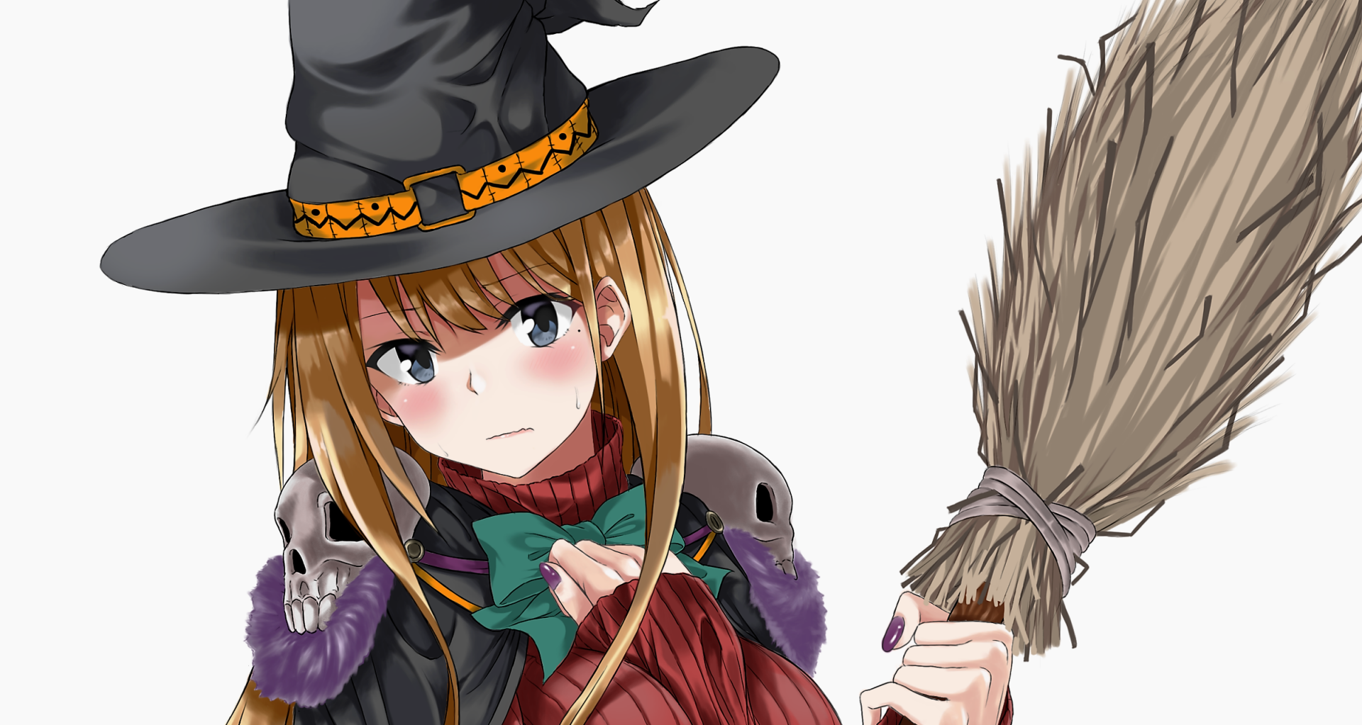 HD anime original desktop wallpaper featuring a young witch with long hair, a wide-brimmed hat, and a broom, set against a simple white background.