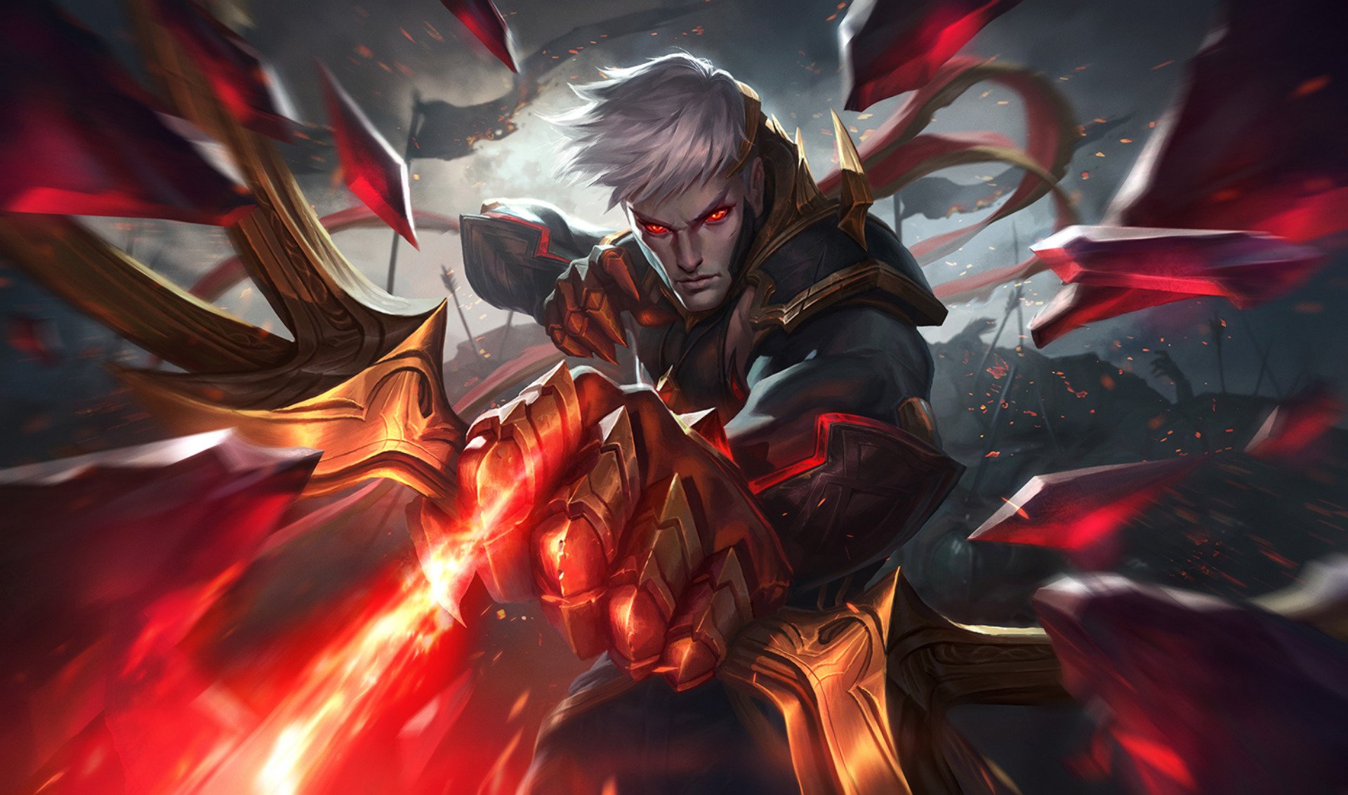 HD PC desktop wallpaper featuring Varus from League of Legends, showcasing the dark, intense archer poised with his glowing, fiery bow in a dramatic video game scene.