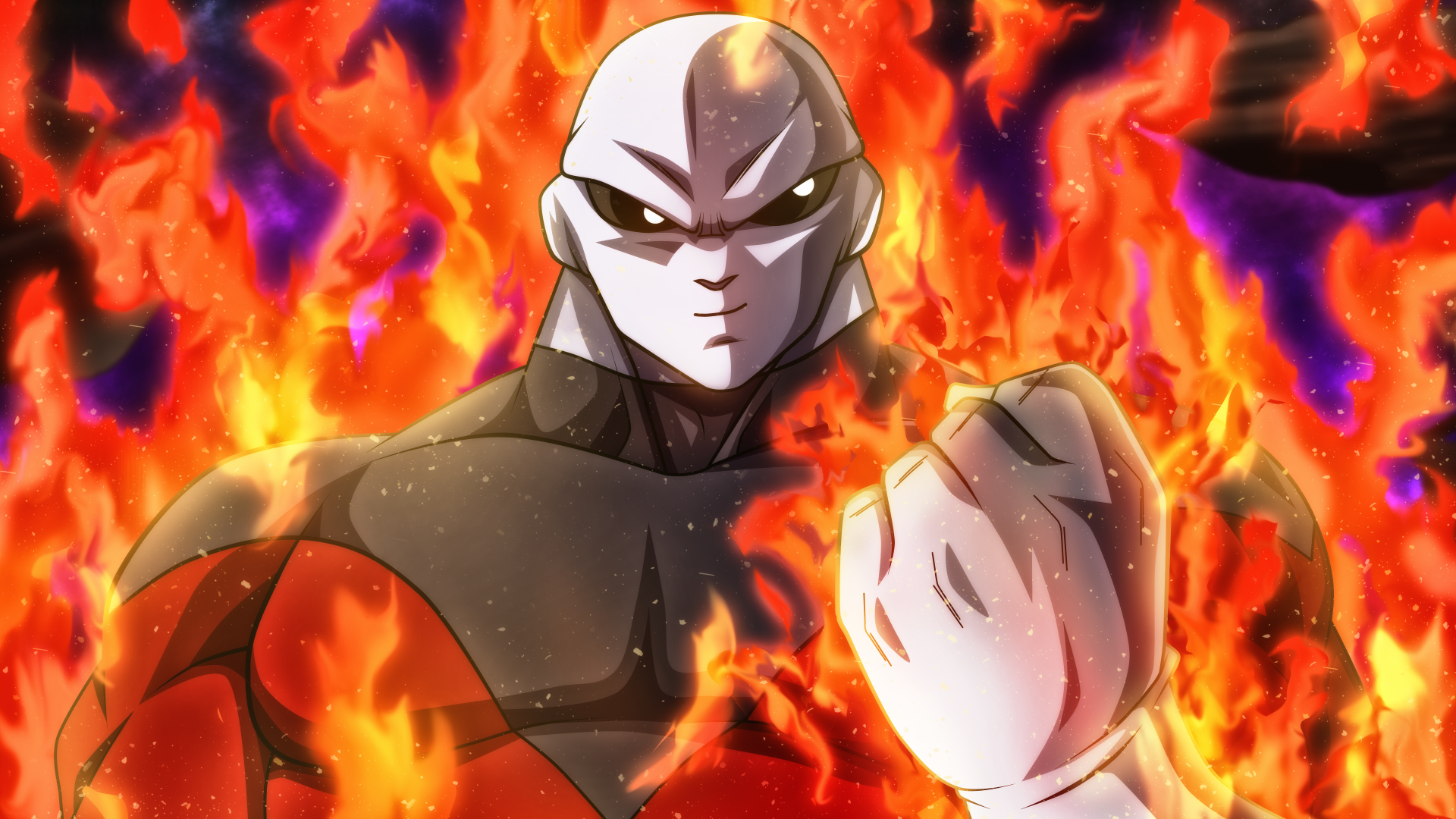 Jiren from Dragon Ball Super stands amid blazing orange flames in this vibrant 4K Ultra HD anime desktop wallpaper.