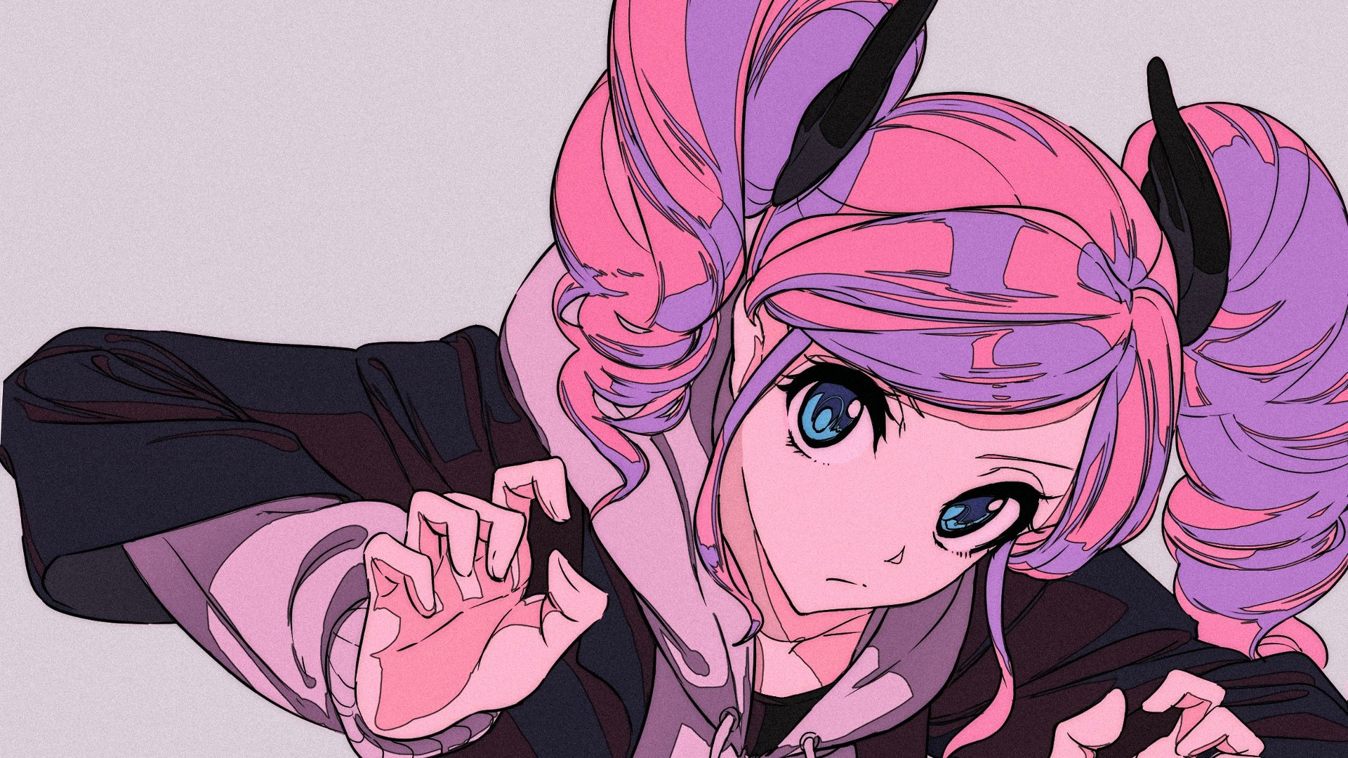 HD anime-style wallpaper from Aikatsu! featuring a character with pink twin-tail hair and bright blue eyes against a soft pastel background.