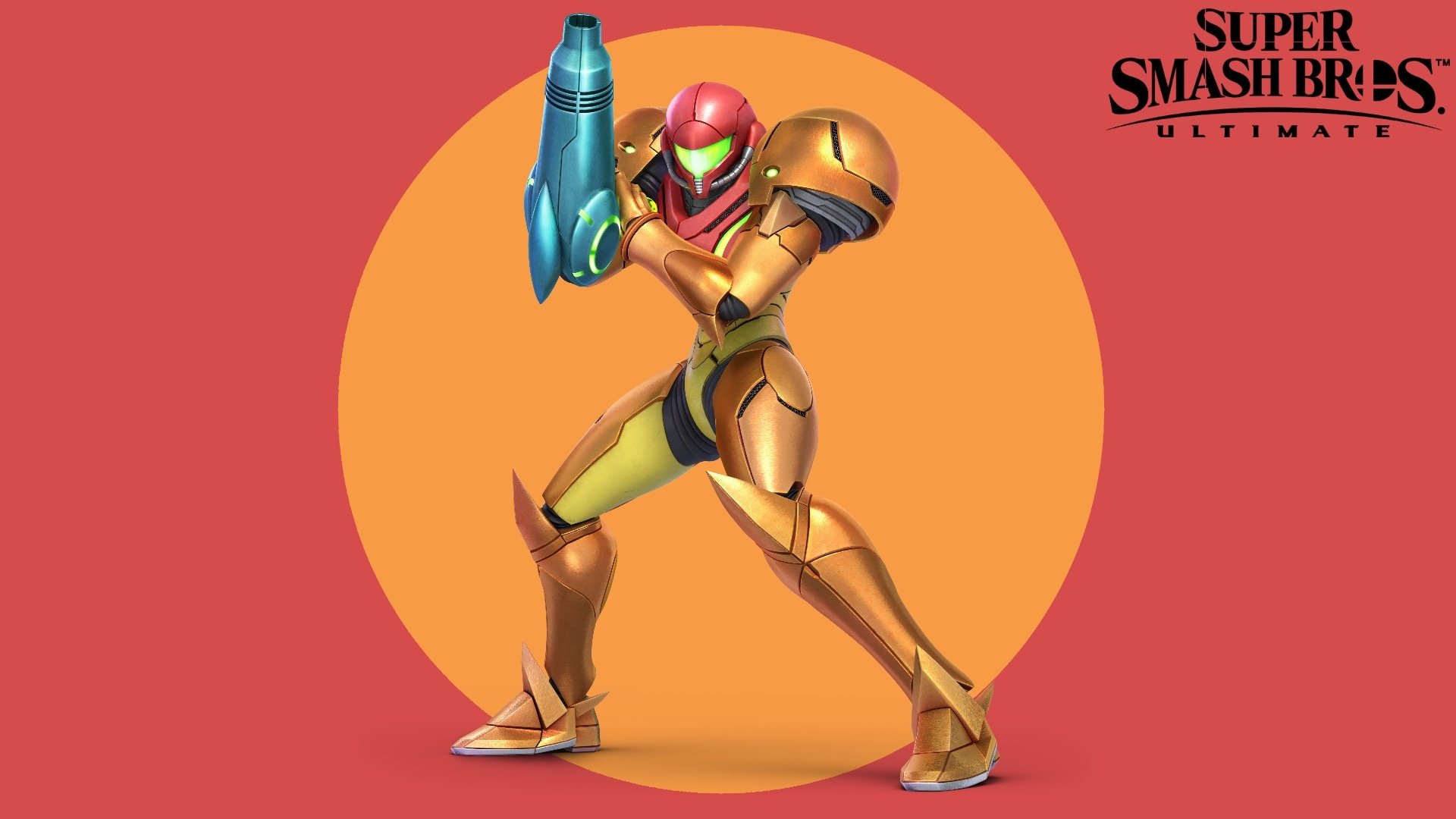 Samus Aran in her Power Suit aiming her arm cannon before an orange circle on a red background — HD PC desktop wallpaper from Super Smash Bros. Ultimate.