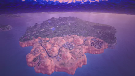 HD PC desktop wallpaper and background: aerial view of a Fortnite video game island — desert cliffs, winding road and inland forest beneath a purple sunset sky.