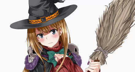 HD anime original desktop wallpaper featuring a young witch with long hair, a wide-brimmed hat, and a broom, set against a simple white background.
