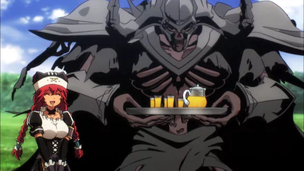 HD PC desktop wallpaper featuring Death Knight and Lupusregina Beta from the anime Overlord, showcasing the characters in a detailed and vibrant scene.