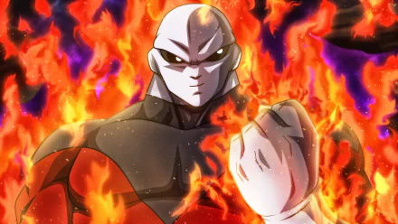 Jiren from Dragon Ball Super stands amid blazing orange flames in this vibrant 4K Ultra HD anime desktop wallpaper.