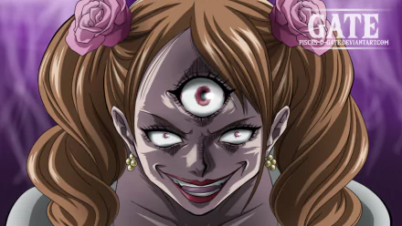 HD PC desktop wallpaper featuring Charlotte Pudding from the anime One Piece with her third eye open, showcasing a dark and intense expression.