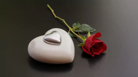 A heart-shaped white object with a metallic heart on top lies next to a single red rose on a dark surface, captured in 4K Ultra HD still life photography.