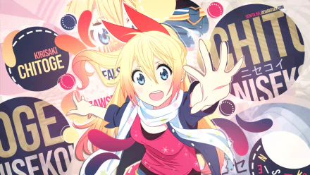HD PC desktop wallpaper featuring Chitoge Kirisaki from the anime Nisekoi, showcasing her energetic pose and vibrant colors with stylized text in the background.