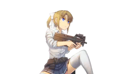 HD anime desktop wallpaper featuring an original character holding a gun, dressed in a school uniform with a focused expression.