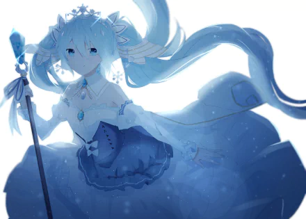Hatsune Miku in an ethereal blue gown with flowing twin-tails and a staff, anime Vocaloid portrait rendered as a 2K Quad HD PC desktop wallpaper/background.