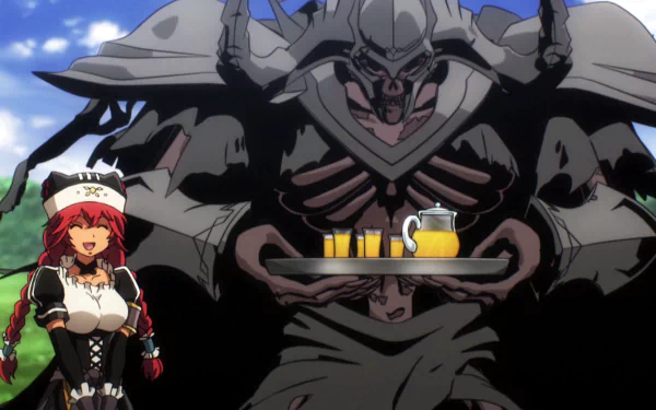 HD PC desktop wallpaper featuring Death Knight and Lupusregina Beta from the anime Overlord, showcasing the characters in a detailed and vibrant scene.