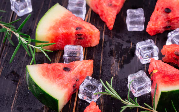 5K Ultra HD PC desktop wallpaper: watermelon wedges and ice cubes on a dark board, garnished with herb sprigs and glistening water droplets.
