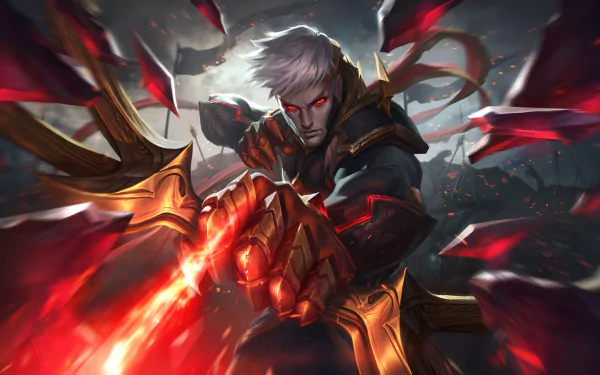 HD PC desktop wallpaper featuring Varus from League of Legends, showcasing the dark, intense archer poised with his glowing, fiery bow in a dramatic video game scene.