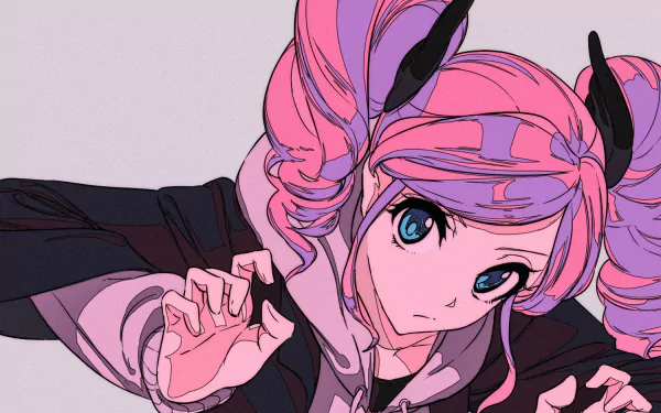 HD anime-style wallpaper from Aikatsu! featuring a character with pink twin-tail hair and bright blue eyes against a soft pastel background.