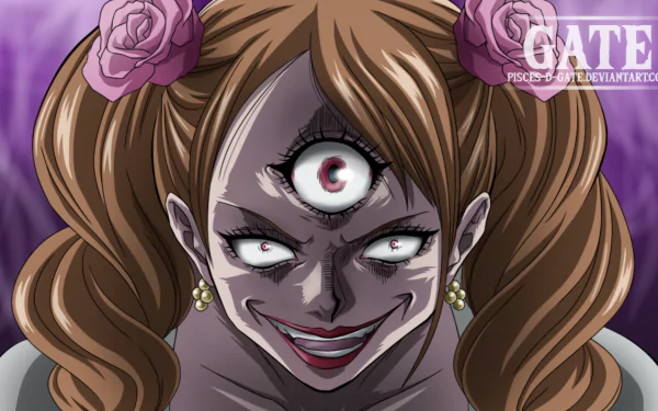 HD PC desktop wallpaper featuring Charlotte Pudding from the anime One Piece with her third eye open, showcasing a dark and intense expression.