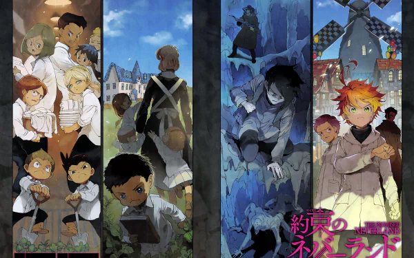HD desktop wallpaper featuring characters Naila, Shelly, Lani, Anna, Gilda, Thoma, Phil, Ray, and Emma from The Promised Neverland. The image is a vibrant, detailed background from the anime series.