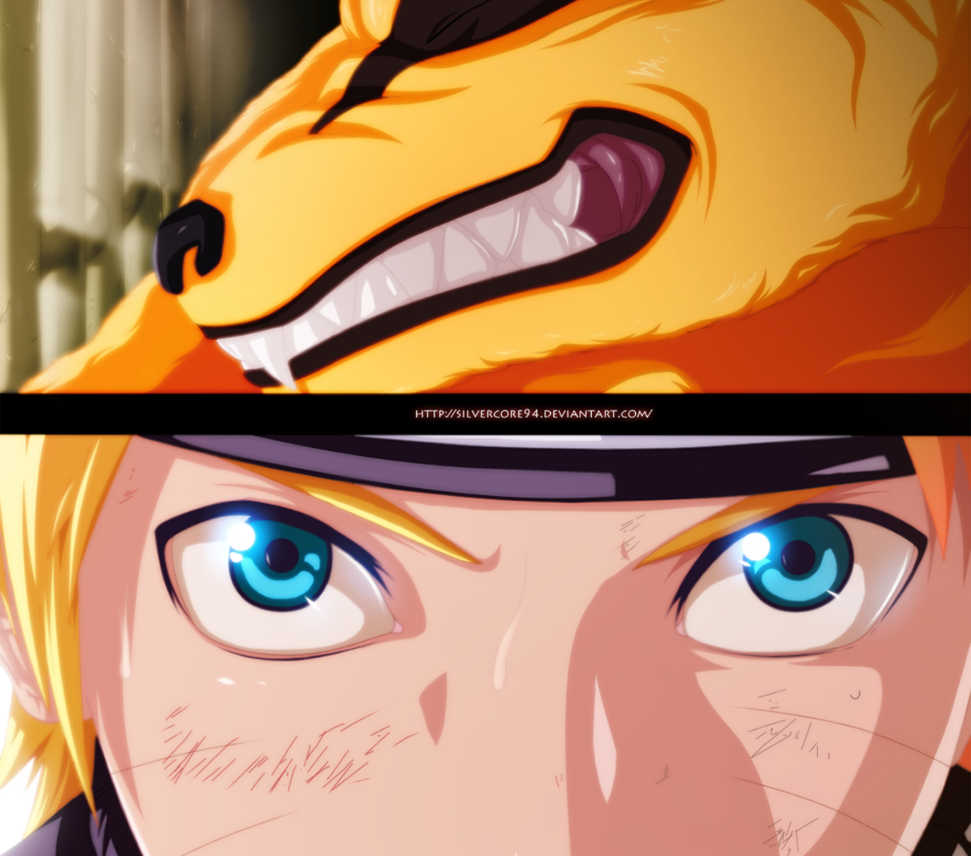 HD PC desktop wallpaper showing anime Naruto Uzumaki's intense blue eyes framed beneath Kurama's grinning fox face (Naruto).
