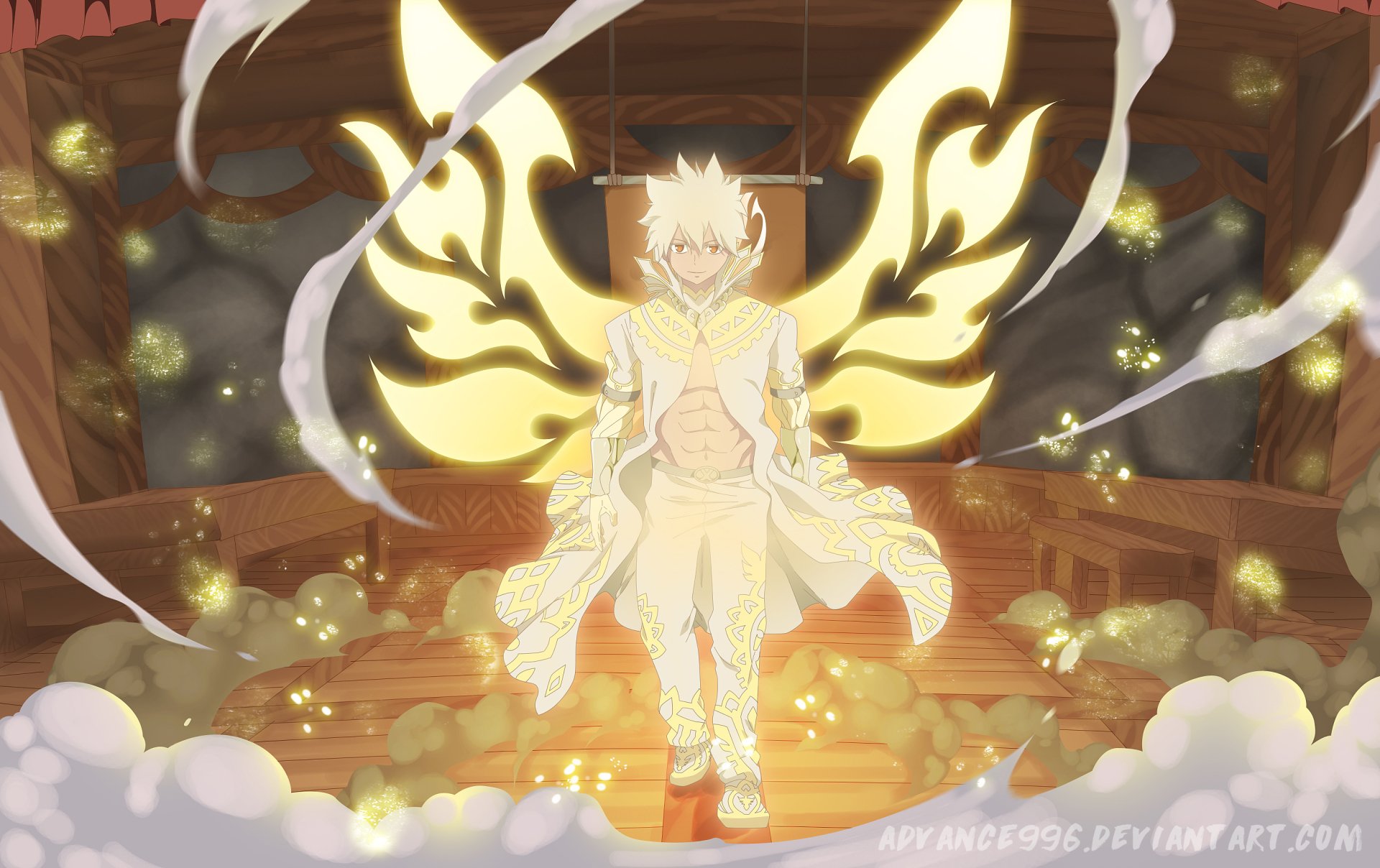 HD PC desktop wallpaper featuring Zeref Dragneel from the anime Fairy Tail, glowing with radiant energy and ethereal wings in a mystical setting.