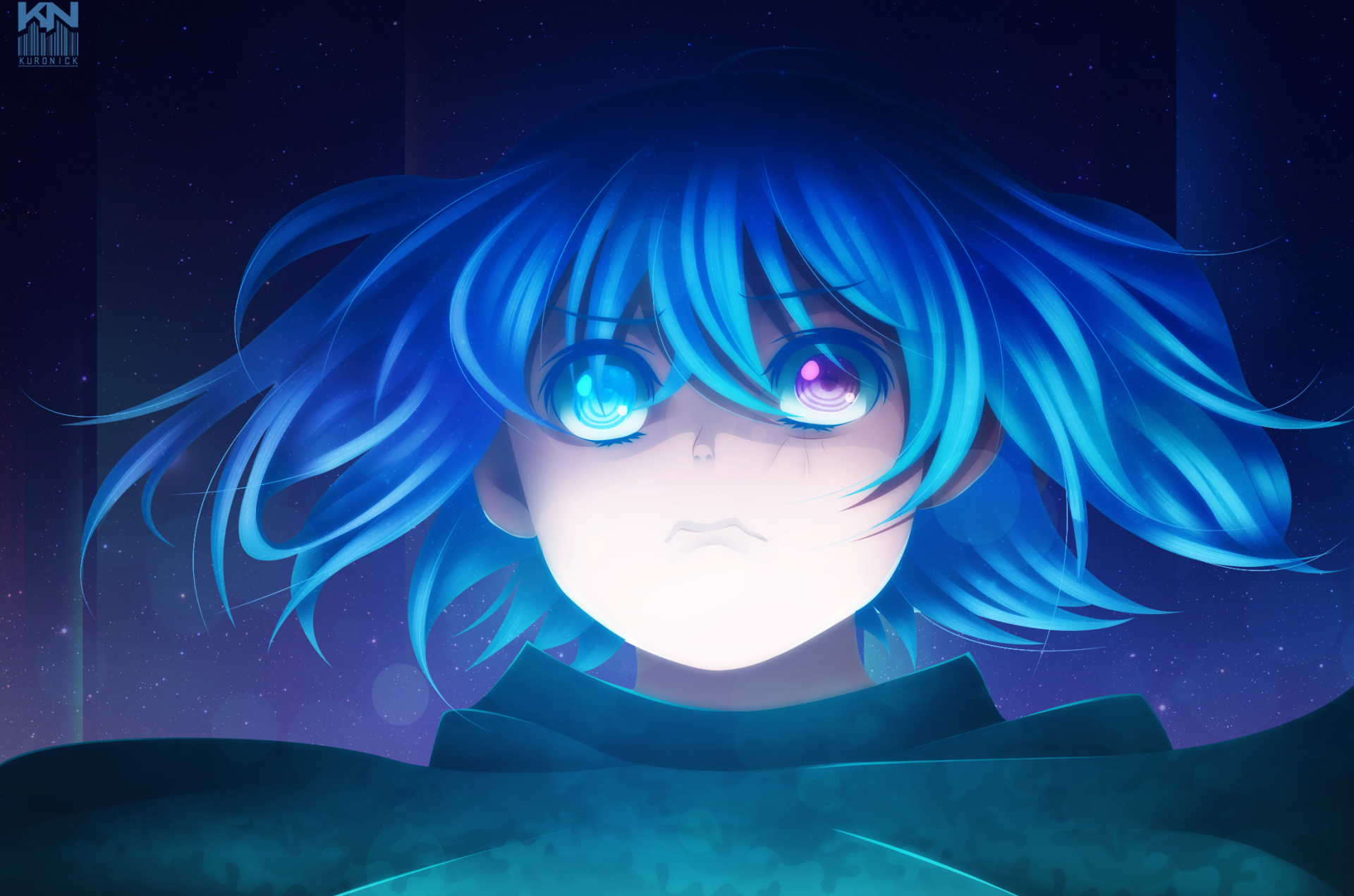 HD anime wallpaper of Saiko Yonebayashi from Tokyo Ghoul:re with blue hair, heterochromatic purple and blue eyes, set against a starry night sky.