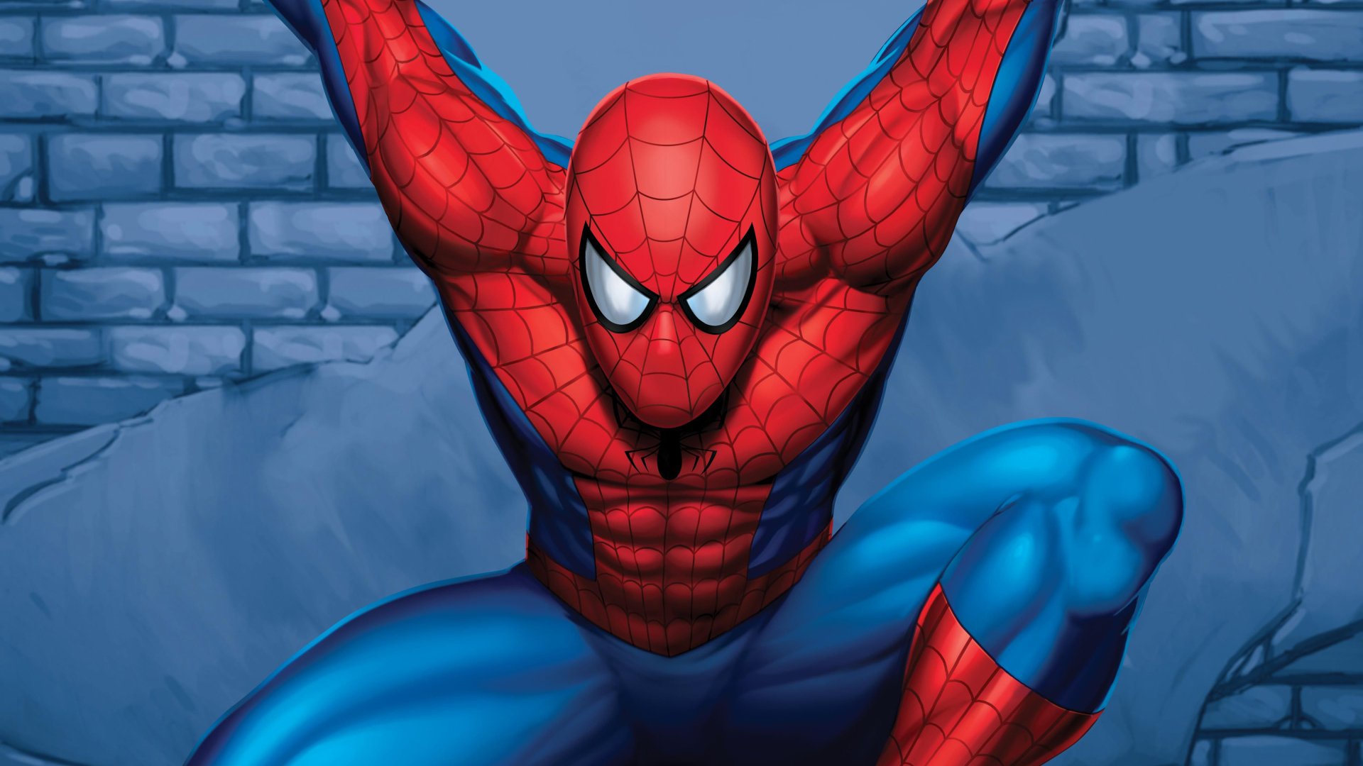 HD desktop wallpaper featuring Spider-Man in action, web-slinging with a blue brick wall background, capturing the essence of the superhero comic character Peter Parker.