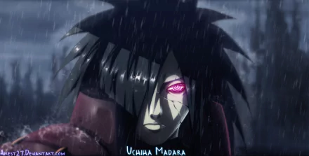 HD desktop wallpaper featuring Madara Uchiha from Naruto with his Rinnegan eye activated, standing in the rain, showcasing his determined expression and distinctive ninja appearance.