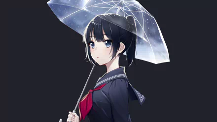 Anime girl with blue eyes and black hair in a ponytail, holding a transparent umbrella. She is wearing a school uniform with a red tie. HD desktop wallpaper and background.