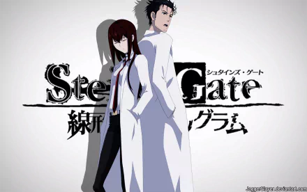 A stylish HD wallpaper featuring Kurisu Makise and Rintaro Okabe from the anime Steins;Gate, capturing the essence of their complex relationship in a striking design.