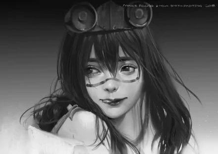 HD PC desktop wallpaper featuring a detailed anime-style portrait of Tsuyu Asui from My Hero Academia in grayscale tones.