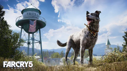 HD PC desktop wallpaper featuring Boomer, the dog from Far Cry 5, standing in a rural landscape with a water tower and blue sky in the background.
