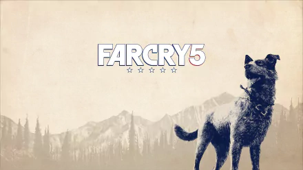 Far Cry 5 video game HD PC desktop wallpaper: Boomer the dog in monochrome at right, game logo above with misty mountains and a pine forest silhouette.