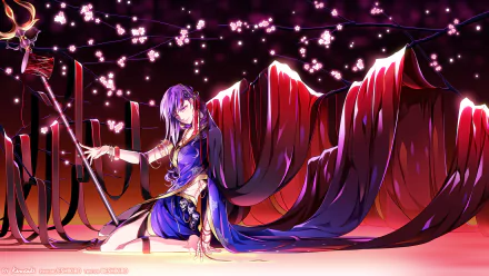 HD PC desktop wallpaper featuring Parvati from Fate/Grand Order in a dramatic pose, surrounded by glowing petals and flowing dark red fabric in an anime style.