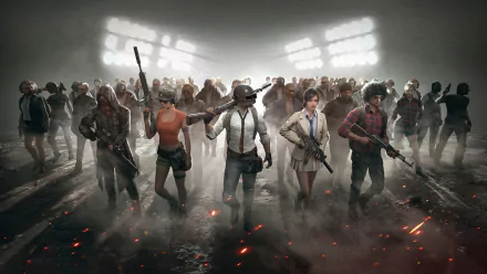 HD desktop wallpaper featuring characters from the video game PlayerUnknown's Battlegrounds, showing a group of armed players emerging from a smoky, lit-up battleground.