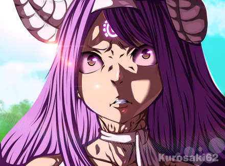 HD PC desktop wallpaper featuring Seilah from the anime Fairy Tail with intense eyes, purple hair, and horned details against a bright sky background.