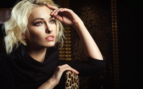 nose ring blue eyes short hair blonde woman model HD Desktop Wallpaper | Background Image
