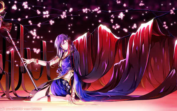HD PC desktop wallpaper featuring Parvati from Fate/Grand Order in a dramatic pose, surrounded by glowing petals and flowing dark red fabric in an anime style.