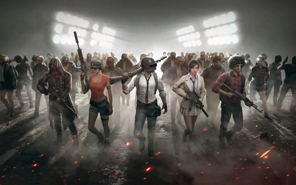 HD desktop wallpaper featuring characters from the video game PlayerUnknown's Battlegrounds, showing a group of armed players emerging from a smoky, lit-up battleground.